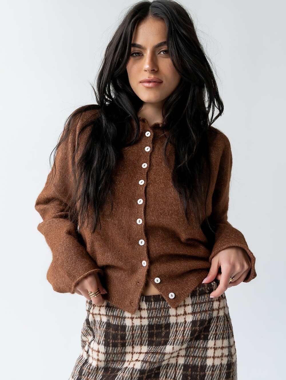 Bohme Fuzzy Oversized Button Up Cardigan L Brown Roll Neck Slouchy Boxy